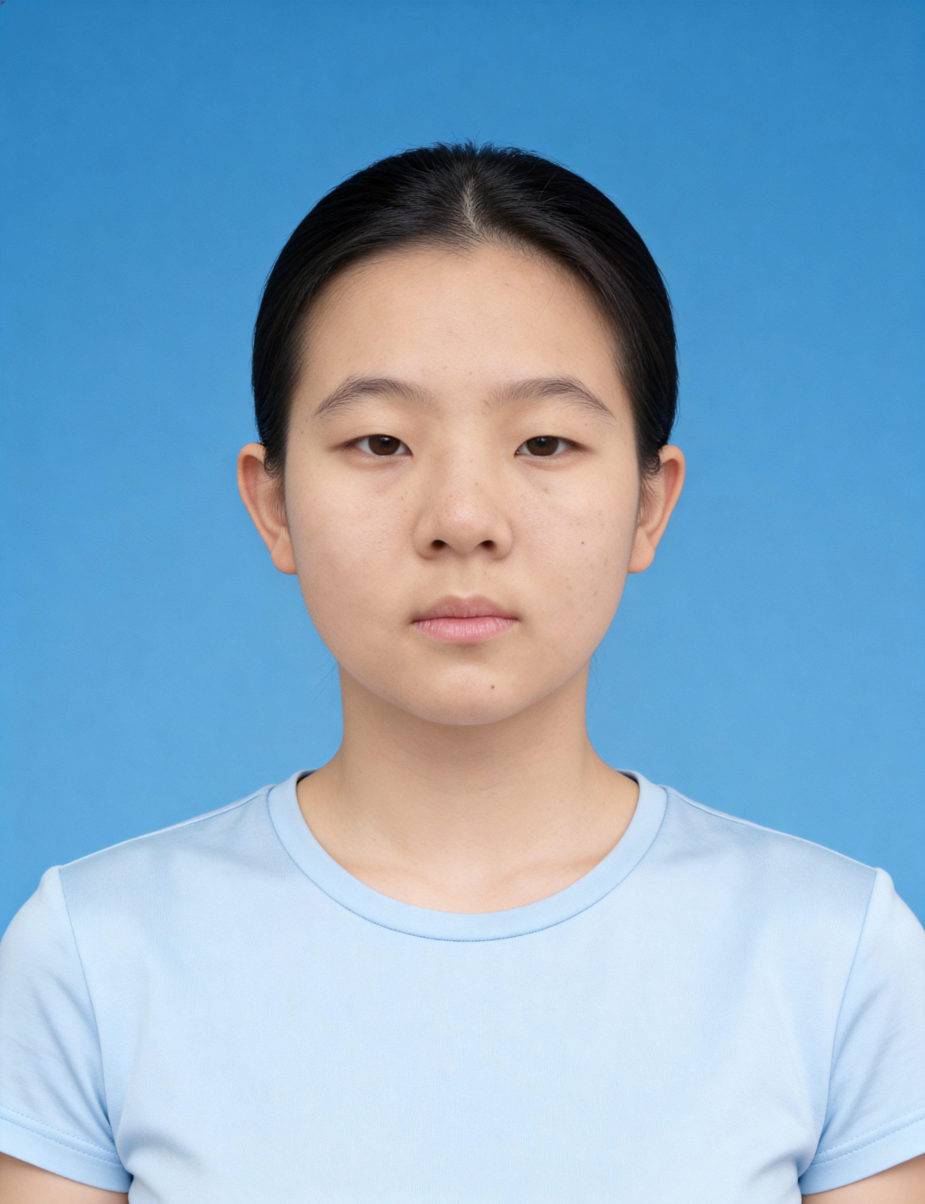 保留第一张图中人物发型、脸型、年龄特征生成标准样式纯正面证件照… - 图片创意预览
