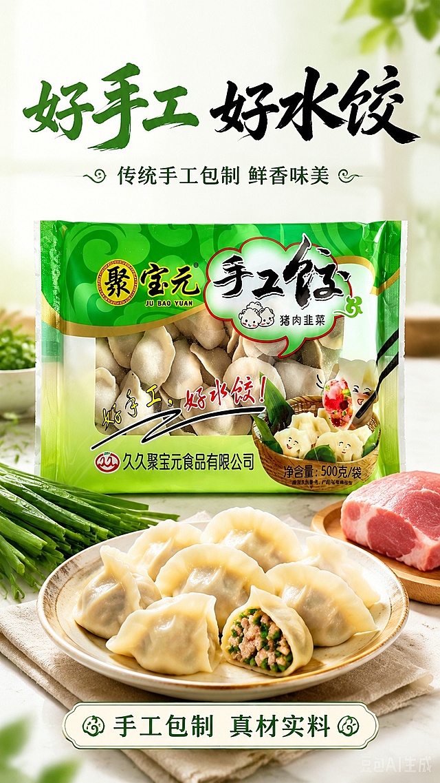 [第1屏] 详情页头图-聚宝元猪肉韭菜手工水饺产品宣传海报，本屏使用【图2】作为商品主体。
[氛围/风格] 家常烟火气美食海报风，清新绿色调，商业摄影食欲感，真实自然。
[元素布局] 产品包装袋放置画面中心，占比约65%-70%；下方摆放一盘煮熟切开的水饺，点缀新鲜韭菜叶片和猪肉块；保持包装袋原有结构、颜色、文字信息与输入产品图一致。
[光影质感] 正面柔和柔光，下方水饺增加局部暖光点缀，自然投影，整体通透明亮，食物质感真实。
[配色色系] 全局底色 #F9FBF7；主色清新绿色；辅助色白色、暖肉色。
[视角构图] 正面平视，产品为绝对视觉中心，阅读动线从上标题到产品再到底部食材。
[文字版式] 版式为顶部标题+中心产品+底部食材。主标题「好手工 好水饺」，副标题「传统手工包制 鲜香味美」，书法风格字体居中；提取原包装黑绿配色，字色不超过两种，文字不遮挡产品主体；底部点缀小卖点「手工包制 真材实料」。
[比例分辨率] 9:16 竖版比例，4K分辨率，文字清晰可辨，高清画质。
[负向提示词] 包装变形，文字错乱，颜色偏差，产品模糊，水印，畸形水饺，食物变质