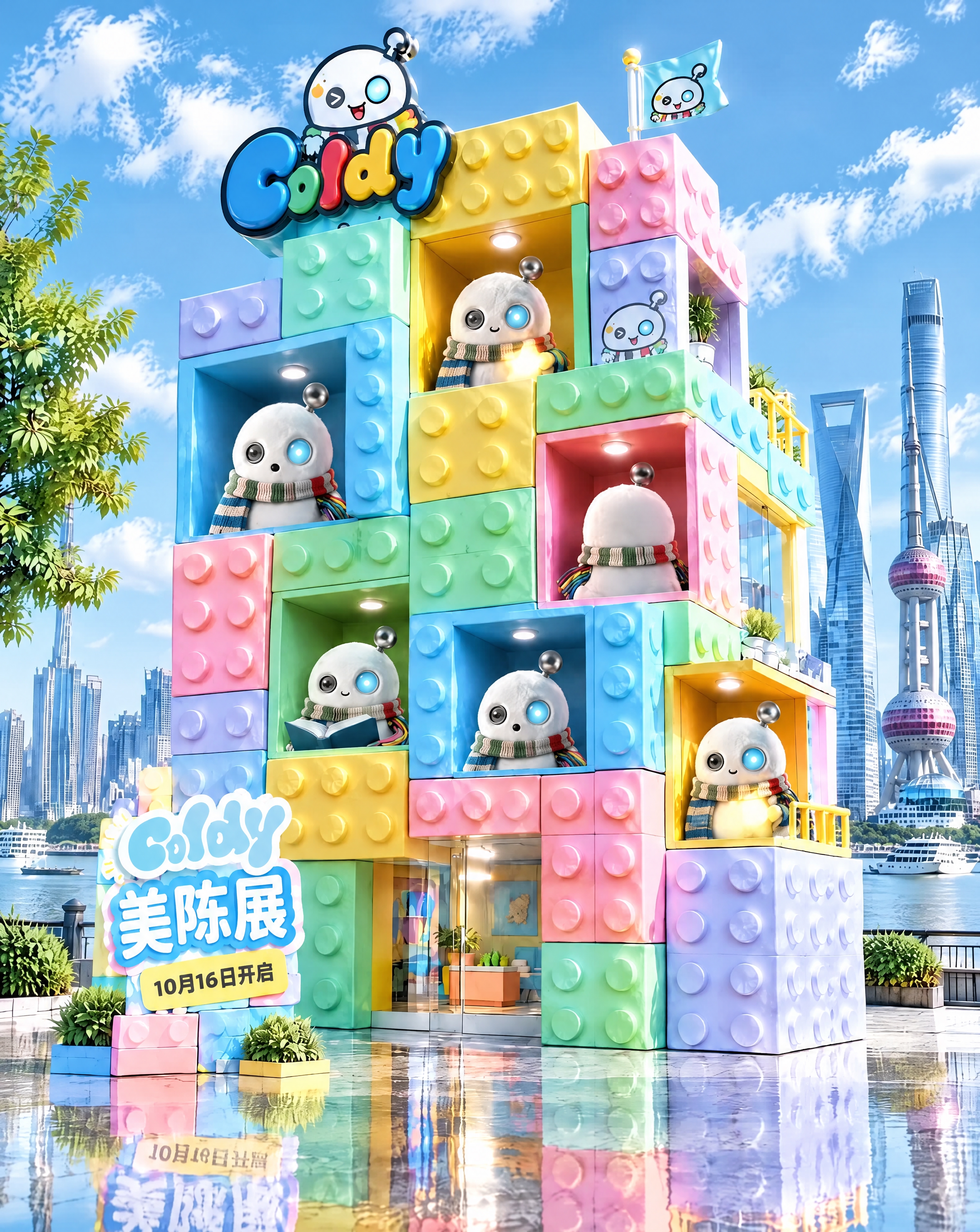 基于参考图1，仅将左下角美陈展展牌上方的卡通玩偶形象替换为参考… - 图片创意预览