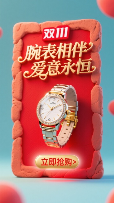 商业摄影风格，比例 16:9。以鲜艳的红色为背景，营造热烈氛围。画面正中央是巨大且优雅的主标题 “腕表相伴 爱意永恒”，采用金色立体艺术字体，笔画粗细变化富有韵律，表面有细腻的光泽质感，像是被柔和灯光预览效果