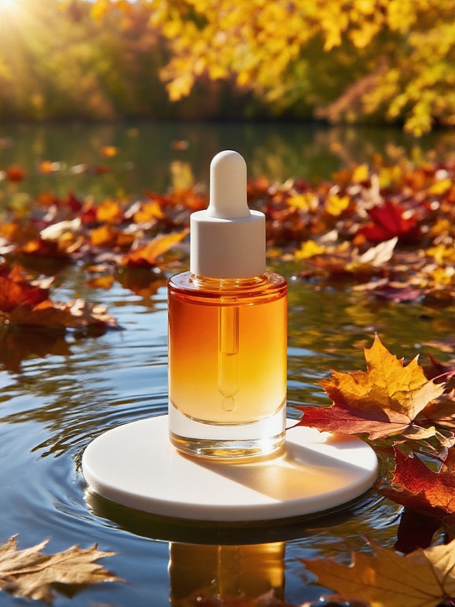 主体放置在透光湖水中的白色展台上，周围散落大量枫叶，自然光线