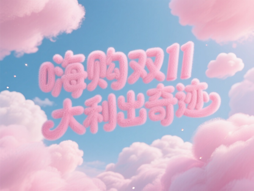 粉色毛绒绒的“嗨购双11 大利出奇迹”字体。粉色云朵天空背景。预览效果