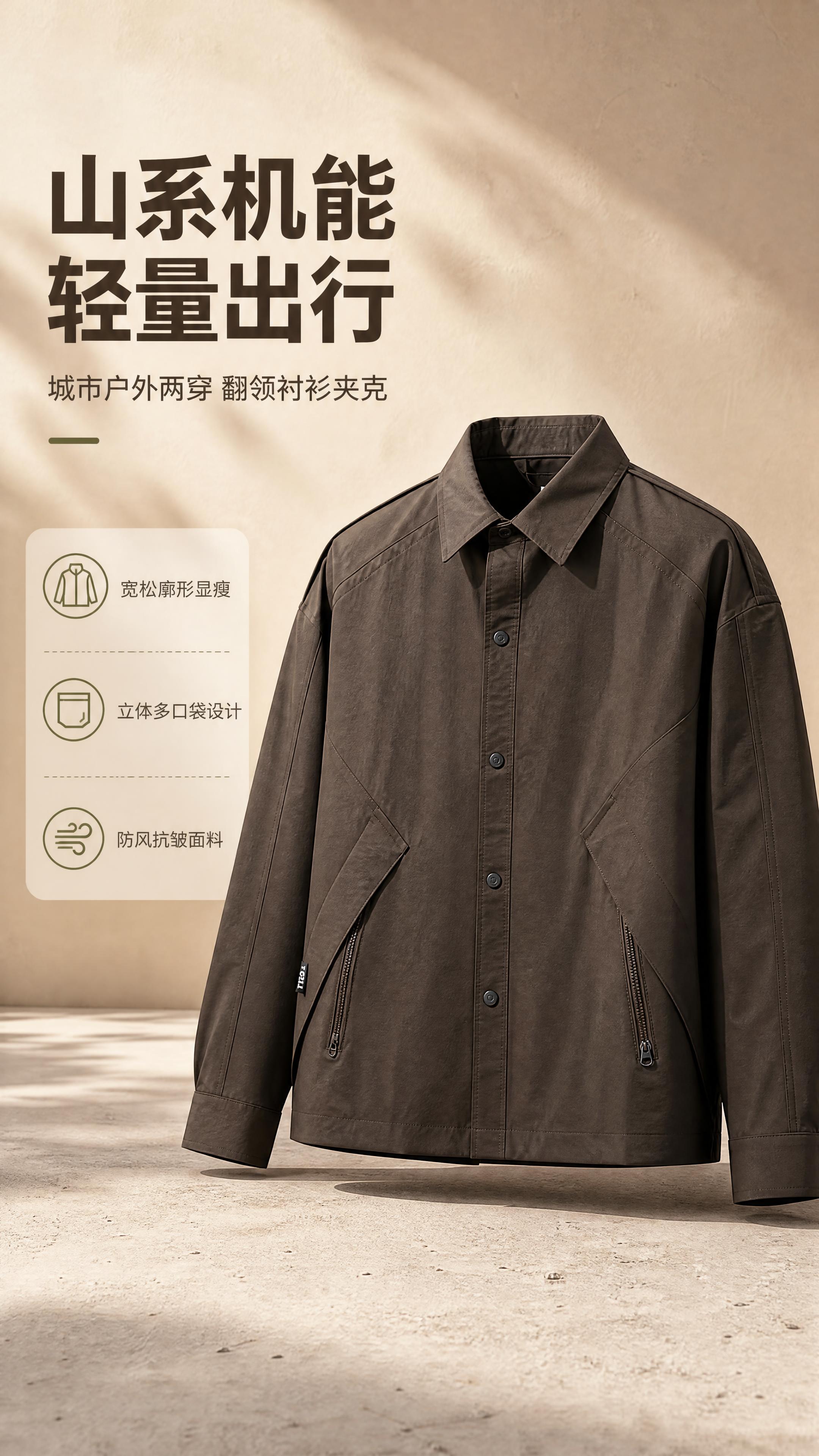 [商品] 使用【图1】深咖色翻领衬衫式夹克；商品处理：保留翻领… - 图片创意预览