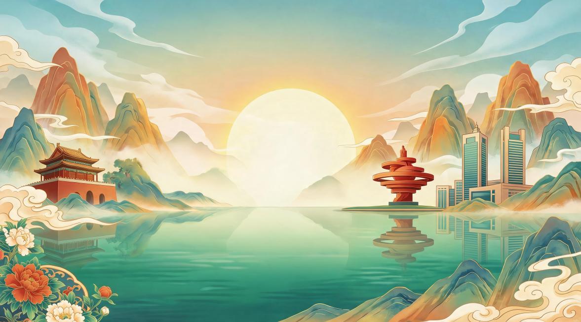 移除画面中间的建筑物，保持整体风格不变，将背景远山、水面倒影和整体构图自然衔接，保留其余所有元素不变预览效果