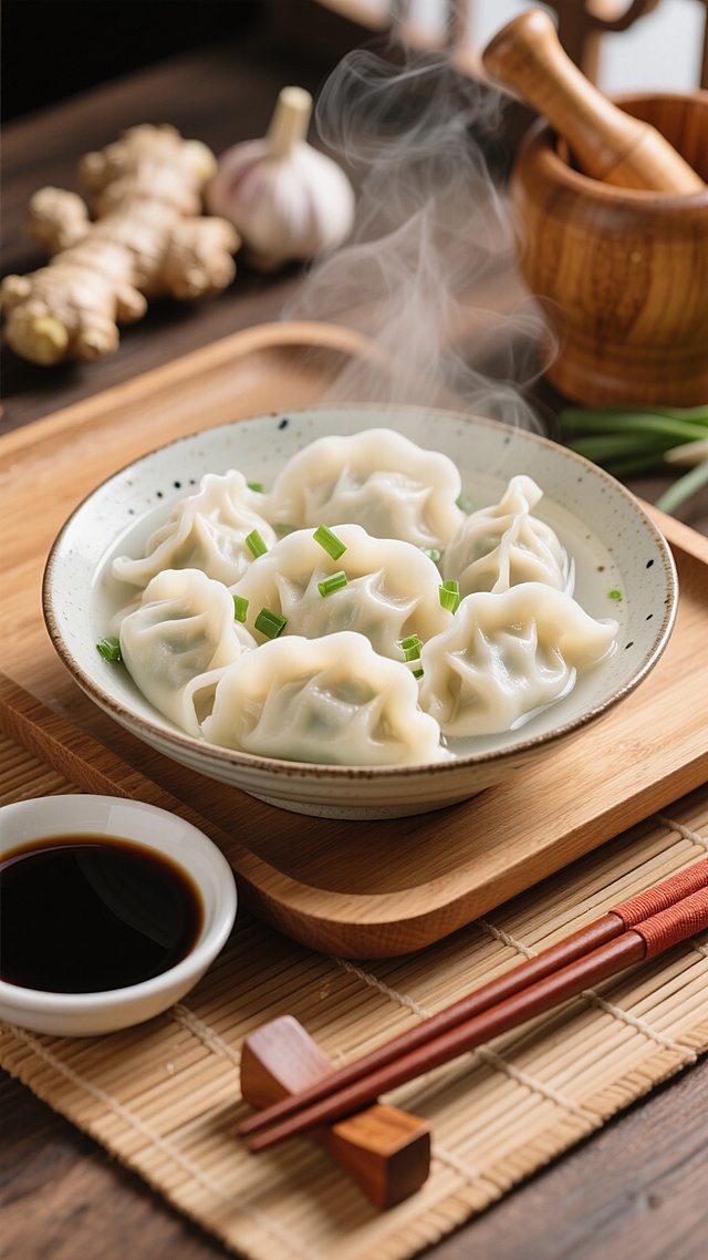 中式感十足的热腾腾饺子，实景质感细腻，质朴木桌与竹席营造温馨氛围，东亚风元素融合重拟物设计，水墨晕染般的蒸汽与木雕纹理相映成趣。