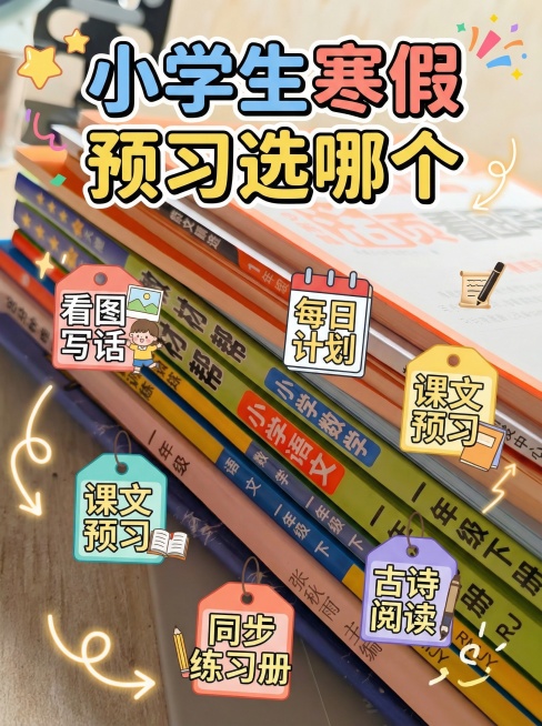 结合这个图生成适合小红书封面，比例3:4，设计要吸睛，增加点击率，封面内容：小学生寒假预习选哪个    小标签：看图写话 每日计划  课文预习 同步练习册 古诗阅读预览效果