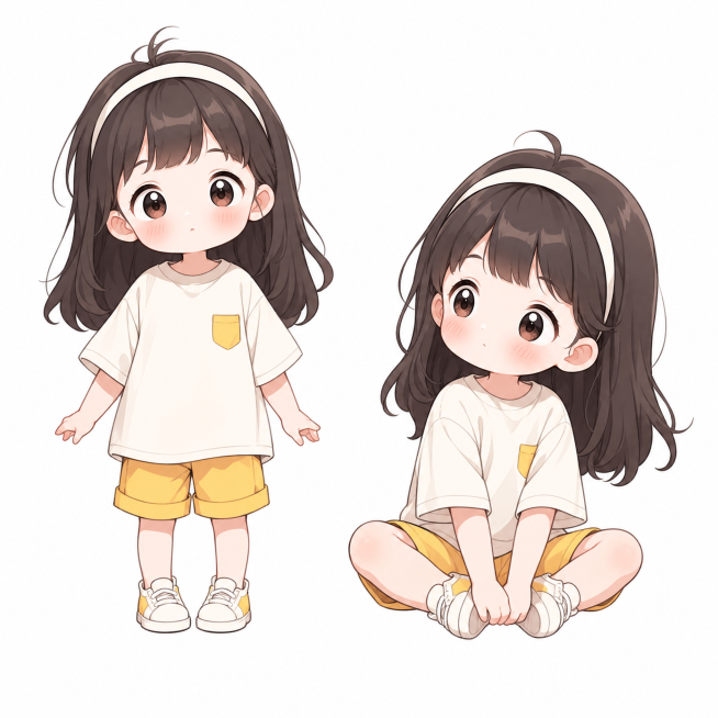 参考图片的Q版卡通小女孩风格，生成小女孩娃娃正面和坐在地上的两张图画，保持一致的软萌可爱插画风格，深棕色长发白色发带，米色T恤黄色短裤，白色背景预览效果