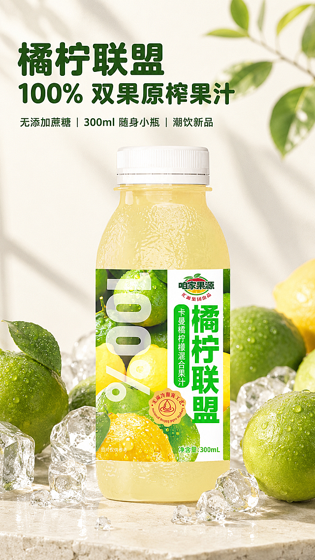 [第1屏] 详情页首图主海报，300ml橘柠联盟透明瓶装卡曼橘柠檬复合果汁宣传海报。本屏使用【图1】作为商品主体，保持产品瓶身造型尺寸原样不变、无变形，瓶体比例、外观不修改、不变形，保留黄绿鲜果标签完整内容。
[氛围/风格] 日系ins生鲜简约风，低饱和配色，电商详情首页海报质感，充满鲜果清爽食欲感。
[元素布局] 橘柠联盟果汁瓶居中摆放，占据画面约65%主体区域。瓶身放置在哑光米白色平整岩板台面，四周散落带天然果霜的新鲜卡曼橘、青柠檬，细碎透明食用冰块环绕瓶身。PET透明瓶身通透带自然反光，鲜果表皮油亮带细小油胞纹理，冰块内含自然冰晶纹路，岩板桌面细腻哑光无杂色。
[光影质感] 窗边柔和漫射自然光，侧顺光布光，瓶身冷凝水珠折射细碎高光，阴影浅淡柔和无硬边，整体画面干净通透，产品细节清晰真实。
[配色色系] 全局底色：#f8f5f0（哑光米白）；主体配色：黄绿鲜果色 + 透明瓶身米黄色果汁；辅助色：深绿色标题文字，浅棕色背景岩板。
[视角构图] 正面平视构图，景深适中，产品居中，四周均匀留白，符合电商首页海报版式。
[文字版式] 主标题位于画面左上区域，文字内容为“橘柠联盟 100% 双果原榨果汁”，副标题位于主标题下方，文字内容为“无添加蔗糖｜300ml 随身小瓶｜潮饮新品”。标题字体采用圆角粗黑体，字色使用深绿色，纯色填充，主标题字号较大占画面宽度约12%，副标题字号约为主标题40%，左对齐排版，不遮挡瓶身主体，整体文字清晰美观符合移动端阅读。全套统一使用该字体风格、字色和字效。
[比例分辨率] 9:16竖版比例，4K分辨率，文字清晰可辨。
[负向提示词] 瓶身变形，标签文字错乱，产品外形改变，颜色偏差，水印，文字模糊，背景杂乱，冰块不自然，鲜果纹理失真