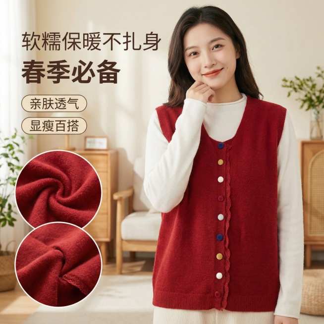 生成抖音商品主图，模特穿着红色无袖针织马甲开衫，内搭白色长袖上衣，突出软糯保暖不扎身，春季必备、亲肤透气、显瘦百搭的特点，严格按照参考图的款式生成，保持设计细节一致预览效果