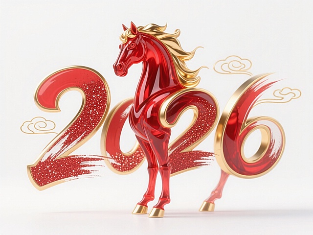 马颜色：琉璃红
在白色背景上有：“2026” 立体艺术字，连贯的装饰性字体：首个数字 “2” 融合抽象琉璃红静立昂首马首（红如琉璃，通透光泽，鬃毛微卷），红色闪粉与金色金属的材质；金色用于马首鬃毛、字边缘带有金色立体描边，数字表面叠加毛笔笔触纹理，周围点缀细线金色祥云装饰，整体呈现优雅、华贵的马年氛围。