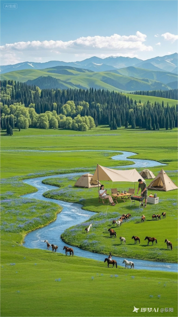 在河流右侧中右区域开阔缓坡草地上，避开马群和牧马人，错落添加4-6顶米色卡其色户外露营帐篷、1个遮阳天幕、1套原木色露营桌椅；添加2-3位中国露营者，比例参照马匹大小约为成年马身高1/2-2/3：1人预览效果