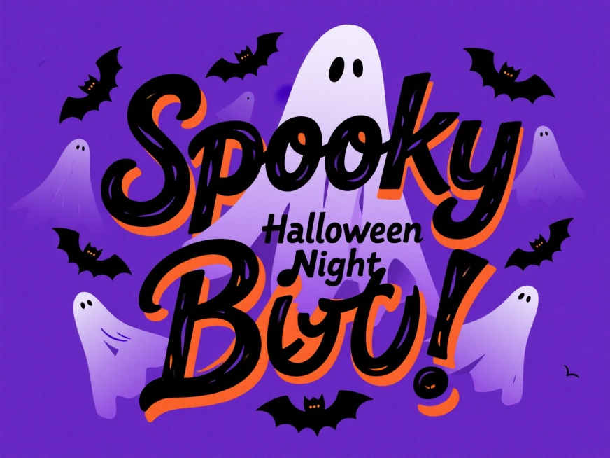 以 “Spooky Halloween Night” 和 “Boo!” 为核心文字。“Spooky” 采用带有幽灵纹理的手写字体，“Night” 字母设计成蝙蝠群环绕的造型，整体色彩以紫色和黑色为主，预览效果