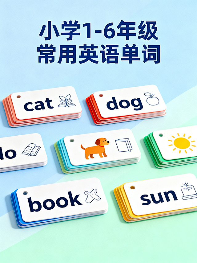 封面背景是从浅蓝到薄荷绿的柔和渐变，画面中央整齐排列着几组彩色单词卡片，卡片上写着“cat”“dog”“book”“sun”英文单词，并配有简洁线条图标，主标题“小学1-6年级常用英语单词”使用清晰粗体友好的无衬线中文字体，颜色为深蓝色，整体设计整洁、现代，富有教育感