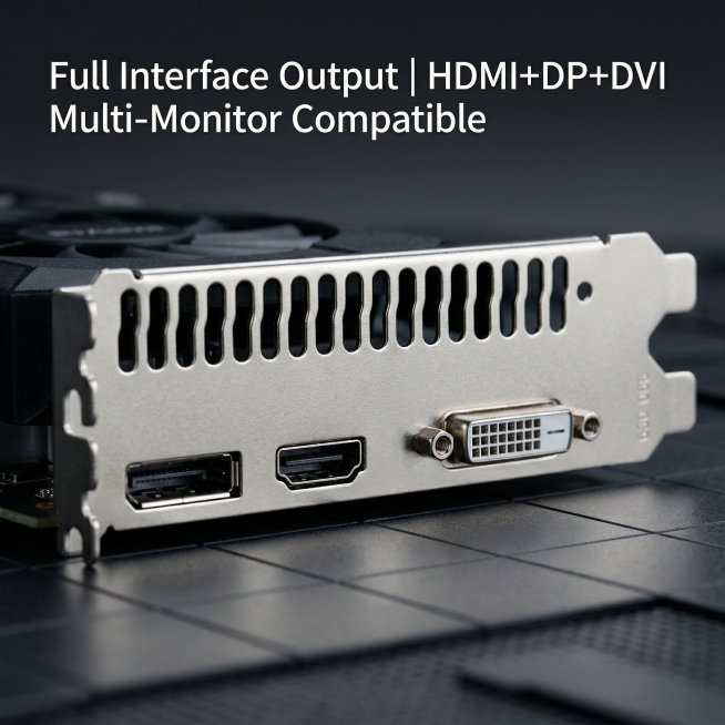 亚马逊3C高转化风格，显卡挡板接口横排特写，清晰展示HDMI、DP、DVI三个接口，深色科技背景，配英文文案"Full Interface Output | HDMI+DP+DVI | Multi-M预览效果
