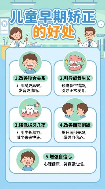 制作一张儿童口腔早矫科普宣传图，主体清晰明亮，排版整齐，画面上方展示大标题“儿童早期矫正的好处”，下方分点列出儿童口腔早矫的好处，整体风格专业活泼，适合口腔机构科普宣传预览效果