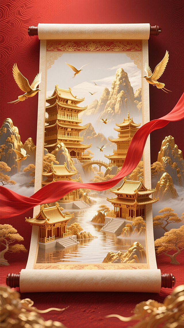 红色为主色调。红色暗纹渐变背景，画面主体是华丽精致的立体卷轴展开的效果，卷轴内有通体黄金的古典楼阁建筑群、金色山水景观，搭配红色飘带、金色飞鸟