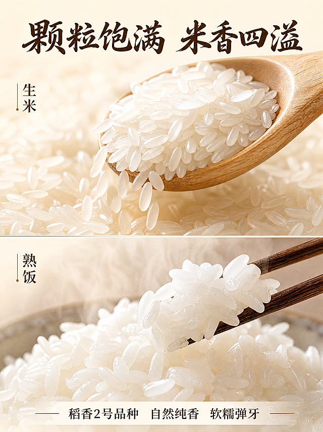 [第4张] 口感质地特写-米粒微距 生米与煮后米饭对比。本张使用【图1】作为产品参考。
[氛围/风格] 微距食欲感 颗粒饱满通透 美食摄影质感 自然暖调
[元素布局] 画面上下分屏对比 上半部分为生米粒特写 一堆修长饱满的生米粒 半透明乳白色 表面自然光泽 木勺舀起部分米粒 米粒从勺边滑落 动态瞬间 下半部分为煮好的白米饭特写 米饭颗粒分明 油亮有光泽 冒着淡淡热气 筷子夹起几粒米饭 中间用细线分隔 两侧标注生米 熟饭
[光影质感] 柔和侧光 米粒表面高光通透 米饭油亮有蒸汽朦胧感 木勺纹理自然 阴影柔和 专业美食摄影质感
[配色色系] 全局底色浅米色渐变 #FAF6EE 米粒乳白 #FFFDF8 米饭象牙白 木勺浅棕 文字深棕 #4A3520
[视角构图] 上下对比构图 微距特写 阅读动线从上至下 生米 → 分隔线 → 熟饭
[文字版式] 上方主标题「颗粒饱满 米香四溢」粗笔刷书法字 深棕色 上半区左上角标注「生米」 下半区左上角标注「熟饭」 底部一行辅助文案 稻香2号品种 自然纯香 软糯弹牙 文字不遮挡米粒主体
[比例分辨率] 3:4竖版比例 4K分辨率 文字清晰可辨 高清画质
[负向提示词] 米粒不真实 颜色偏差 水印 文字错乱 模糊 杂乱元素
