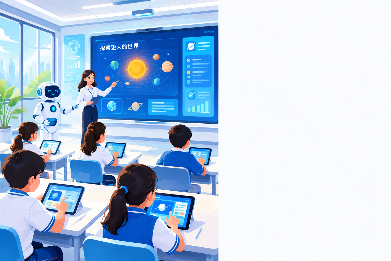 智能教室插画风格，巨大的触摸大屏替代黑板，每个学生面前有平板电… - 图片创意预览