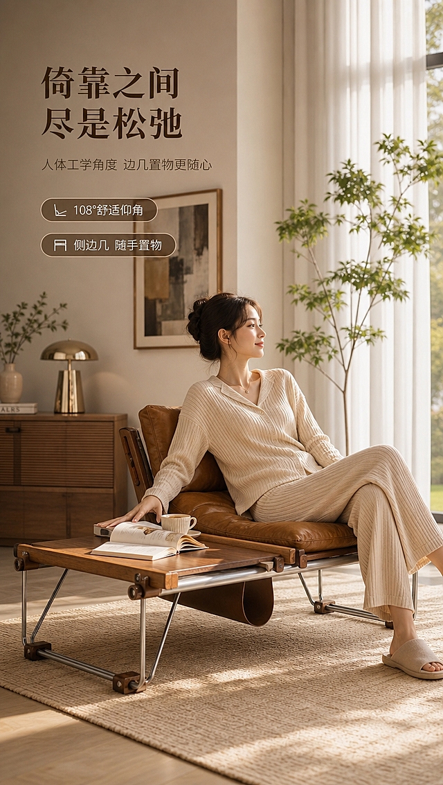 [商品] 使用【图1】左侧D2516黄色款休闲椅（带边几）；保留整体结构、棕色马鞍皮、白蜡木边几、不锈钢底架的形态与比例；产品自然融入场景，不改变结构颜色。
[画面] 目标：沉浸体验页，展示人体工学坐靠与边几置物功能。构图：场景满铺，一位气质优雅的亚洲女性（30岁左右，休闲家居服）侧坐在休闲椅上，身体微后仰，一手搭在边几上，边几摆放一杯咖啡与一本打开的书；产品位于画面中心偏下，主体占比约55%，45°侧视角度；背景为明亮的中古轻奢客厅一角，落地窗+白纱帘+绿植+艺术挂画；午后暖自然光从右侧洒入，营造松弛慵懒氛围。
[视觉] 套系策略：风格=高级大气亮色调中古轻奢商业摄影；标题字=现代衬线粗体（优雅大气）；正文字=简洁无衬线体；主色=奶白+暖棕咖；背景延展=基于奶白与暖棕做深浅层级、同色渐变和细腻墙面/织物质感；强调色=镜面银（金属反光点缀）；标题色=深炭棕；正文色=中暖灰；组件=细线信息卡、金属质感引线、圆角胶囊标签；光影=右后侧暖柔自然光，柔和人物轮廓光。
[文字] 画面左上压暗角轻蒙版区域：主标题「倚靠之间 尽是松弛」（8字），副标题「人体工学角度 边几置物更随心」（14字）；下方2条体验标签「108°舒适仰角」「侧边几 随手置物」；文字不遮挡人物面部与产品主体。
[规格] 图片比例9:16竖版，分辨率4K，quality=medium；避免变形、错字、文字过小、冷蓝灰背景、产品颜色改变、结构失真、极限词。
