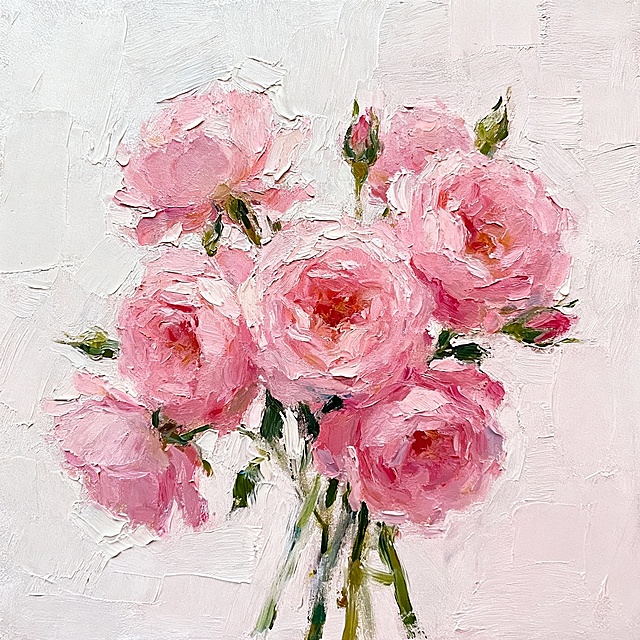 生成一幅油画，画的是花，整体色调偏粉，画面中心是许多朵花，旁边留白