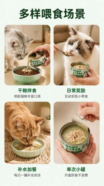 [第6屏] 多场景喂食展示屏-鲜肉猫草浓汤零食罐四种喂食场景介绍。
[氛围/风格] 生活化种草风，真实自然宠物日常喂养场景，温馨舒适。
[元素布局] 顶部主标题，下方2×2网格排列四个喂食场景，每个场预览效果