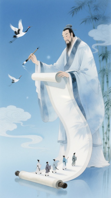混合细腻彩铅质感，蓝青色为主色调。一个巨型的夫子（拿着一支毛笔）点着悬浮的蜿蜒不断的巨型卷轴；有几个古代学子行走在卷轴上；背景有飞鹤、祥云；竹子点缀画面。预览效果