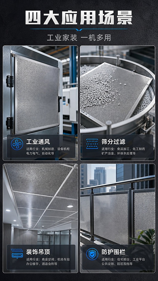 [商品] 使用【图1】304不锈钢冲孔网板；保留产品结构与材质，分别合成到四个应用场景中，每个场景展示一块网板的实际使用状态。
[画面] 目标：多场景应用展示，证明产品广泛适用性。构图：2x2四宫格布局，四个场景各占一格，顶部标题区。景别：每个场景为中景，展示网板安装使用状态。前中后景：每个场景内前景为安装好的冲孔网板，中景为设备/空间，后景虚化。场景：左上=工业设备通风防护、右上=机械筛分过滤、左下=建筑装饰吊顶、右下=阳台防护围栏。
[视觉] 套系策略：风格=工业风专业商业摄影；标题字=粗黑无衬线工业字体；正文字=简洁无衬线体；主色=深炭灰+金属银灰；背景延展=深灰到炭黑渐变，带细微金属颗粒纹理；强调色=科技蓝，仅用于小面积图标、引线和标签；标题色=纯白；正文色=浅银灰；组件=深色半透明信息卡、细银线引线、工业风图标；光影=每个场景内真实环境光，整体冷调统一。
[文字] 顶部主标题「四大应用场景」，副标题「工业家装 一机多用」。每个场景格下方配场景名称标签：工业通风、筛分过滤、装饰吊顶、防护围栏。每格内小字标注适用行业。
[规格] 图片比例9:16竖版，4K分辨率，淘宝/天猫详情页适配，避免变形、错字、文字过小、暖色调、产品颜色改变、场景不真实。