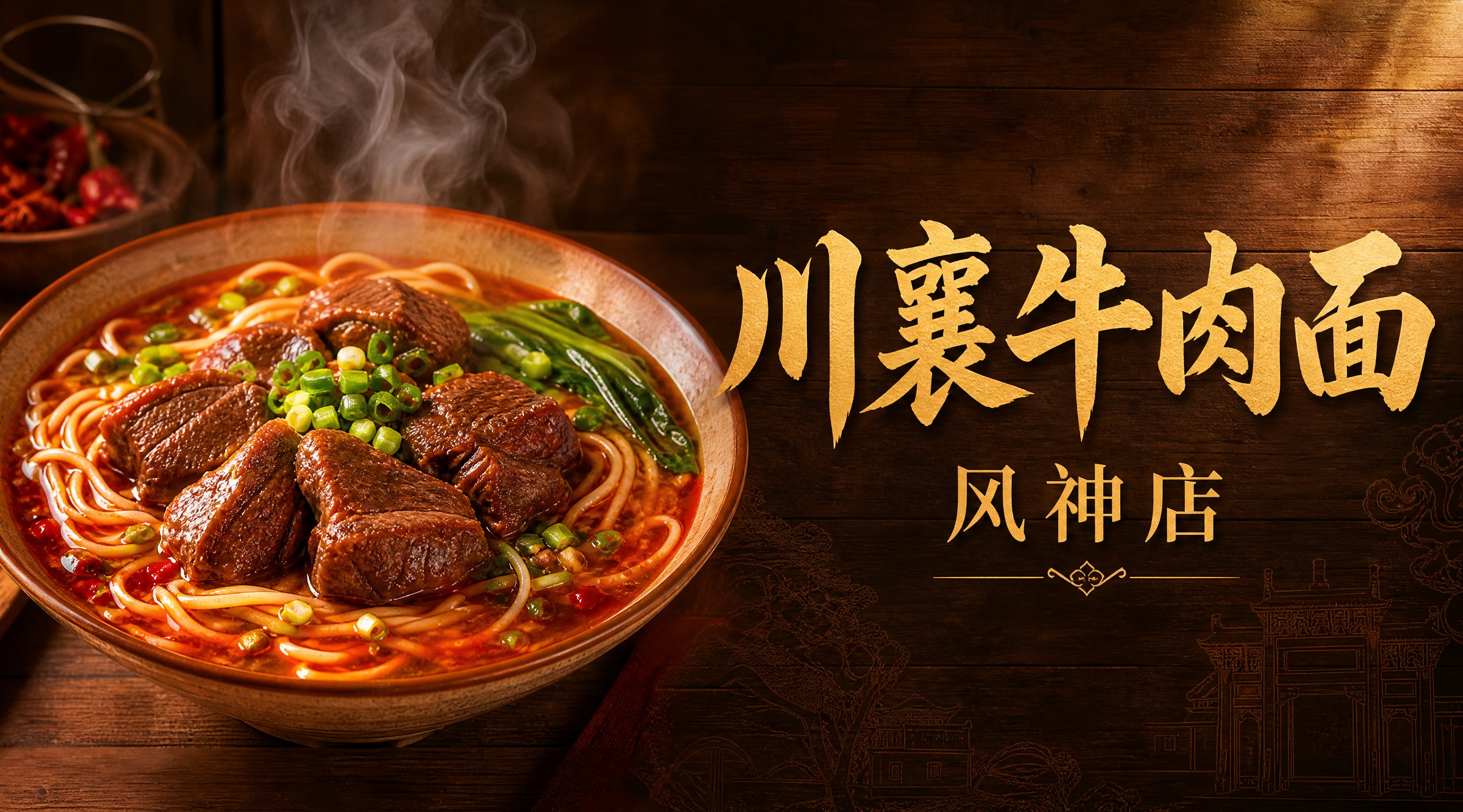 写实商业摄影风格，川襄牛肉面(风神店)店招设计。横版构图，左侧… - 图片创意预览