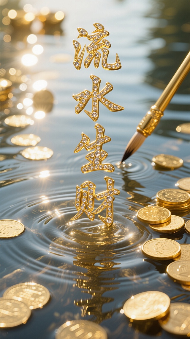 奢华鎏金风，中式大字立体呈现，3D设计手法，寓意财源滚滚。
