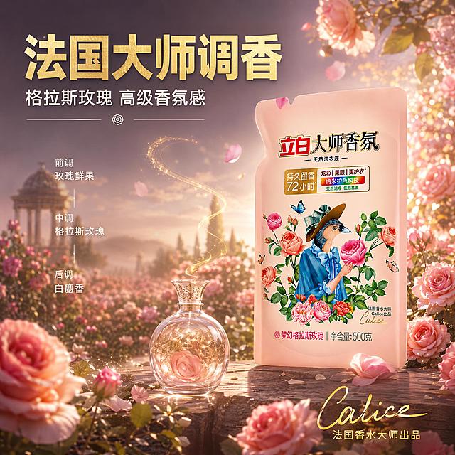 [主图-12] 立白大师香氛洗衣液香氛调香故事图，法国大师出品高级感。
[氛围风格] 轻奢法式香氛风，玫瑰花园意境，高级品质感，延续前套视觉语法。
[画质] 商业摄影质感、光线梦幻柔和、产品清晰真实、画面干净高级、文字锐利清晰。
[元素] 画面右侧立放1袋立白大师香氛洗衣液产品（保持外观完全一致）。左侧和背景为梦幻格拉斯玫瑰花园场景，成片的粉色玫瑰花海，晨雾缭绕，阳光透过花瓣洒下金色光斑。画面中央偏左有一个优雅的法式香水瓶剪影，瓶口飘出金色香氛分子，与产品呼应。底部有法国香水大师Calice的金色签名。整体氛围浪漫高级，突出香氛出身。商品主体占比约35%。
[光影] 侧逆光穿过玫瑰花瓣形成丁达尔效应，金色光斑散落，产品正面有柔和补光，整体梦幻浪漫，光影层次丰富。
[配色] 主色调玫瑰粉、晨雾紫、金色；辅助色白色、深绿；字色金色与白色。
[视角构图] 产品居右，玫瑰花园场景居左延伸，景深较大，氛围感强，视线从花海引导到产品。
[文字版式] 顶部大标题左对齐，主文案「法国大师调香」金色超粗黑体最大号。副文案「格拉斯玫瑰 高级香氛感」白色中号字。中部偏左竖排小字「前调 玫瑰鲜果 / 中调 格拉斯玫瑰 / 后调 白麝香」白色细体字。底部右侧金色签名式标签「Calice 法国香水大师出品」金色手写体。
[输出要求] 1:1比例，文字清晰可辨，超高清商业摄影质感。
[负向提示词] 变形，文字错乱，产品图模糊，背景杂乱，水印，电商平台Logo，多余的手，畸形手，人物面部扭曲。