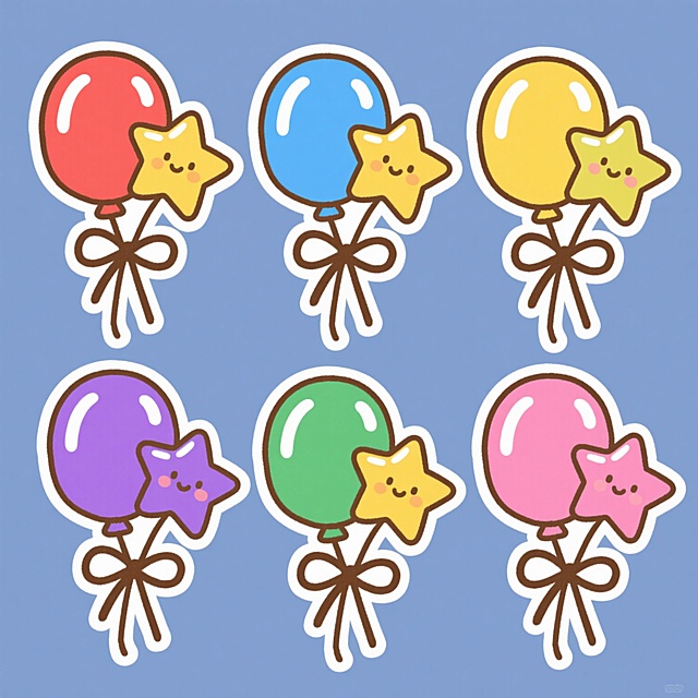 六个完全相同造型的气球束系列素材集合，每个气球束包含三个圆形气球和两个星形气球，用棕色线条系着蝴蝶结，保持原有的可爱卡通手绘风格，线条简洁流畅，边缘清晰，气球上有白色高光，每个素材都有不同的整体色彩搭配，分别为红色系、蓝色系、黄色系、绿色系、紫色系和粉色系，所有素材规整地排列在纯色背景上，整体呈现出统一又富有变化的视觉效果。