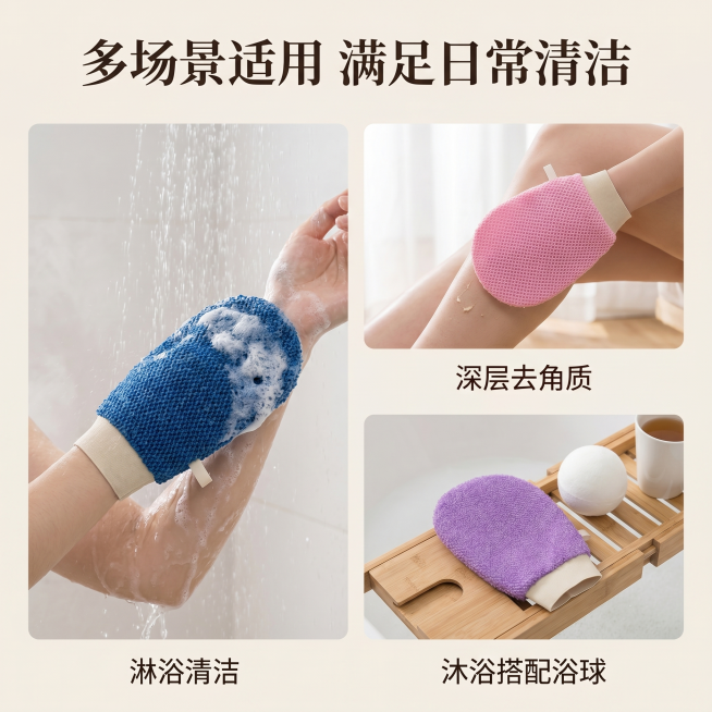 [主图-4] 搓澡手套多场景使用展示。
[氛围风格] 家居治愈风，真实生活感场景；
[画质] 商业摄影质感、光线柔和通透、产品清晰真实、画面干净高级。
[元素] 采用宫格布局分为三格，分别展示搓澡手套预览效果