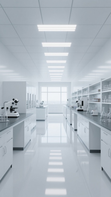 超写实风格的现代实验室内部场景，整体以纯净的白色和浅灰色为主色调，光线明亮均匀，天花板上排列整齐的长条形LED灯带与白色方形天花板面板形成规则的几何图案，地面为光滑的白色环氧地坪，反射出天花板和设备的清晰倒影。实验室中央是宽敞的通道，两侧是白色的实验台和储物柜，实验台上摆放着现代化的白色实验仪器和透明玻璃器皿，后方靠墙的白色金属架子上整齐排列着实验用品，远处有明亮的大窗户透进自然光，整个空间呈……预览效果