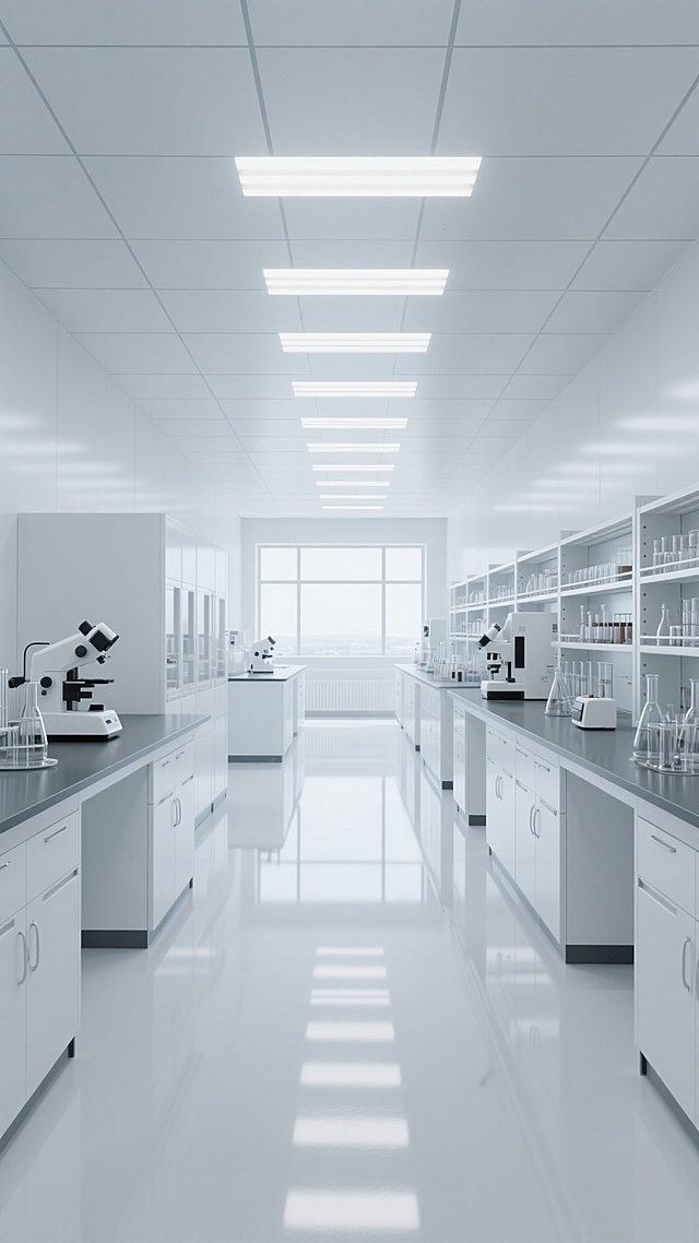 超写实风格的现代实验室内部场景，整体以纯净的白色和浅灰色为主色调，光线明亮均匀，天花板上排列整齐的长条形LED灯带与白色方形天花板面板形成规则的几何图案，地面为光滑的白色环氧地坪，反射出天花板和设备的清晰倒影。实验室中央是宽敞的通道，两侧是白色的实验台和储物柜，实验台上摆放着现代化的白色实验仪器和透明玻璃器皿，后方靠墙的白色金属架子上整齐排列着实验用品，远处有明亮的大窗户透进自然光，整个空间呈现出极度干净、规整、有序的氛围，线条简洁流畅，没有任何杂乱元素，适合作为背景使用，营造出专业、科技、无菌的感觉。