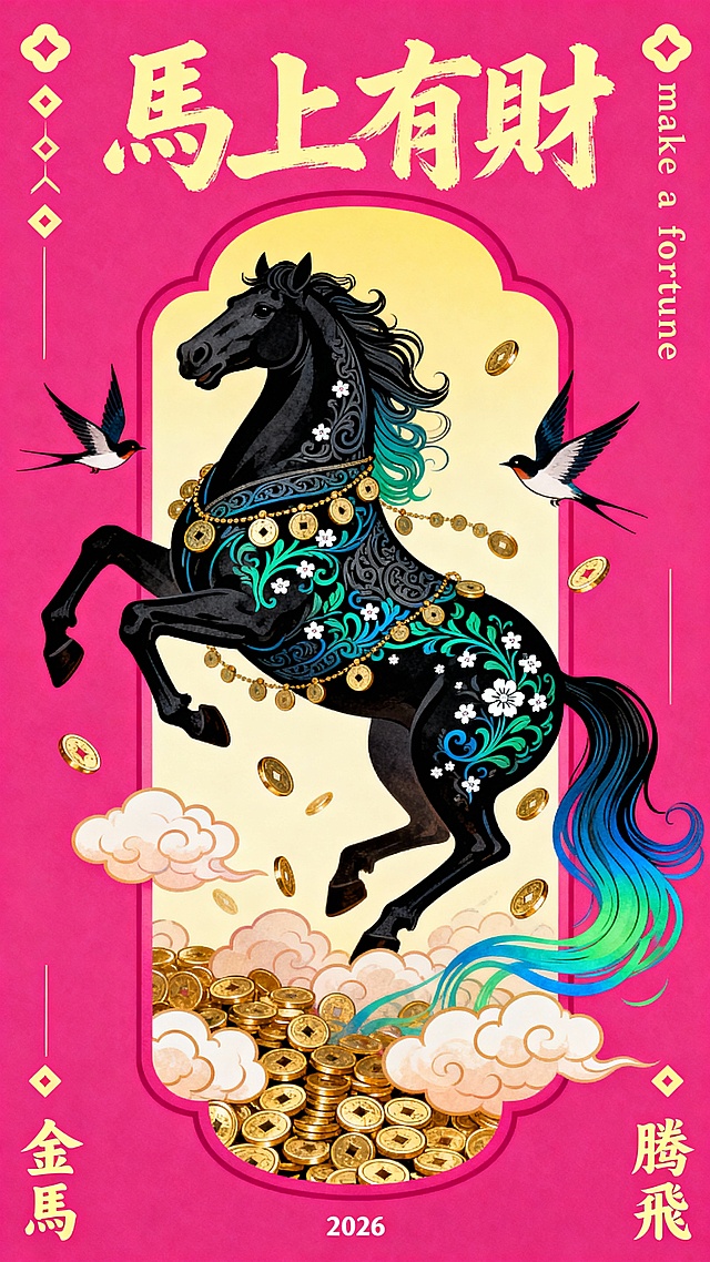 纯扁平风，国潮风描边插画，极繁，丰富细节的国潮插画，扁平插画。高饱和度玫红色纯色背景。主体是一匹腾跃在空中的黑色骏马，采用繁复华丽的装饰性线条勾勒轮廓，马身飘逸着几串钱币，有许多小钱币环绕马身，有蓝绿色缠枝花纹、白色小花纹样，马尾与腿部延伸出蓝绿渐变的飘逸飘带，整体充满动感，马周围有两只飞翔的燕子，马背后有国风形状的长方形框景（高饱和玫红色渐变浅黄色，框里是祥云，向外飞散的钱币），许多密实的祥云团环绕马腿。
文字排版：
顶部：浅黄色手写书法字体 “馬上有財”，笔触有力
左下角：浅黄色小字 “金馬”
右下角：浅黄色小字“騰飛”
底部中央极小：白色数字 “2026”
右上侧边缘：竖排浅黄色小字英文 “make a fortune”，
左下侧边缘：竖排浅黄色小字英文 “make a fortune”。
画面边上点缀浅黄色对称的国风图形、线条，整体色彩对比强烈，以黑、金、玫红、蓝绿为主，营造热烈富贵、充满国风韵味的视觉效果，适合作为马年春节招财装饰画。