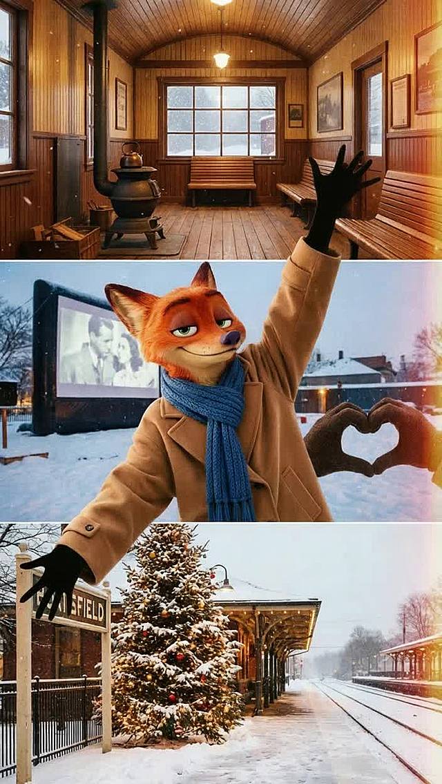 尼克穿驼色廓形大衣、蓝色毛围巾，面向镜头勾唇微笑。下面一层为动态三宫格冬季雪天场景，三宫格的高度完全相等：第一张是冬季复古火车站木屋候车厅场景；第二张为冬季户外雪天露天影院场景，尼克比心，；第三张为冬季户外车站旁场景，有一棵圣诞树。