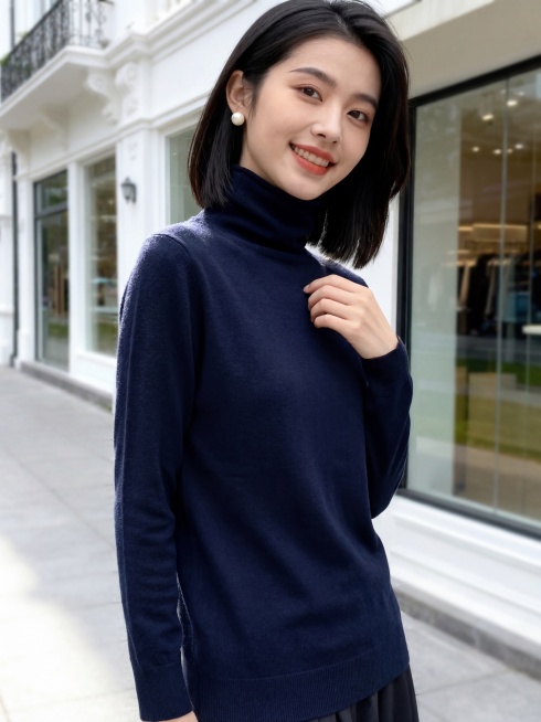 移除图1模特身上的衣服，将图2里的藏青色堆堆领长袖针织衫穿到模特身上，保持模特原有的姿势、发型和面部表情不变。衣服的颜色、纹理和版型、材质和设计必须与图2的衣服完全一致。要求衣服穿着自然合身，光影贴合预览效果