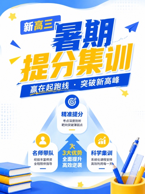参考两张模板的蓝黄配色、文案密度和排版结构，制作新高三暑期提分集训海报，采用三角排布卖点，主标题超大字，三个卖点分布在下方三角位置，文案密度和参考模板一致，布局样式和参考不同，3:4比例，蓝黄清新教育预览效果