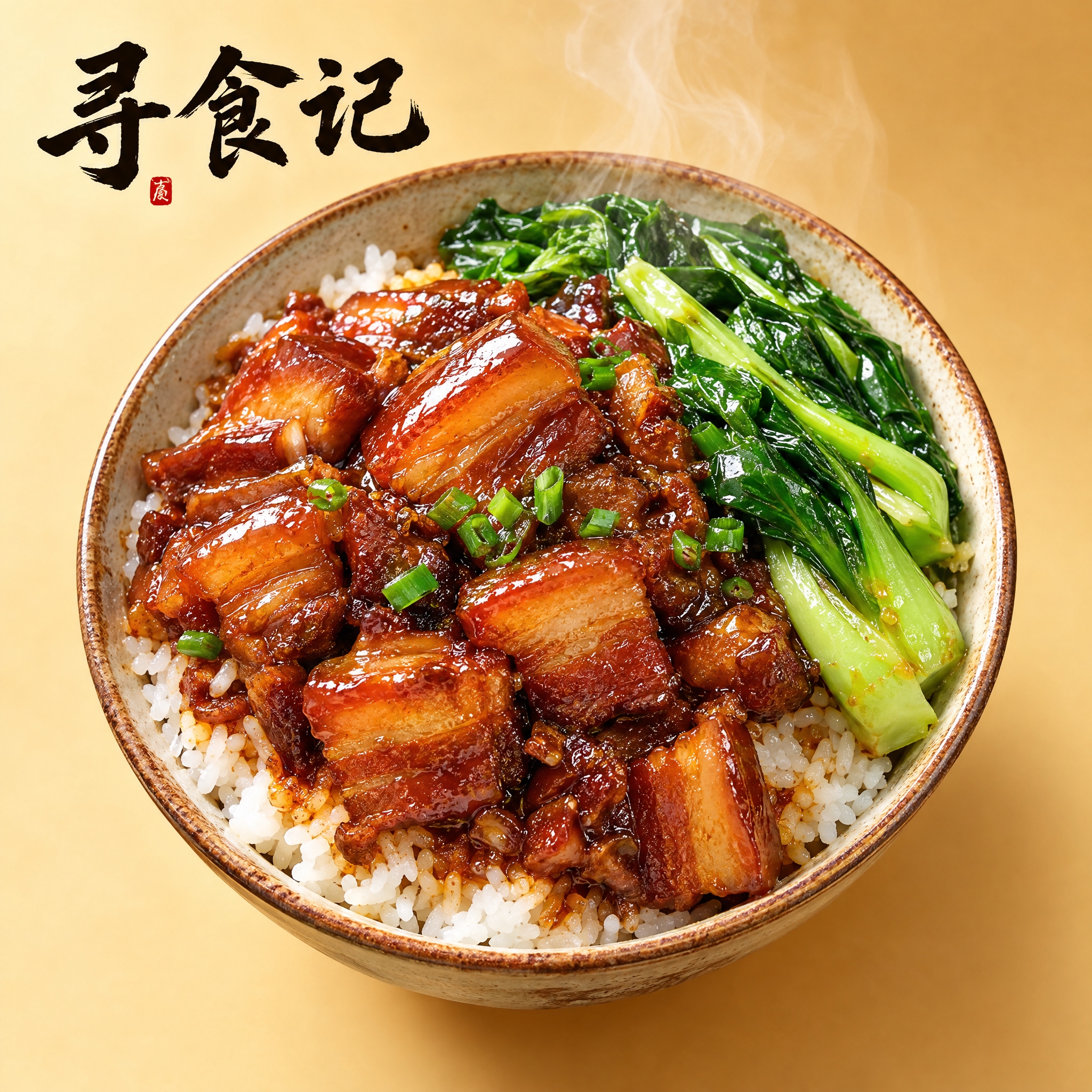 美食头像设计，店名"寻食记"，画面主体是一碗诱人的盖浇饭，米饭… - 图片创意预览
