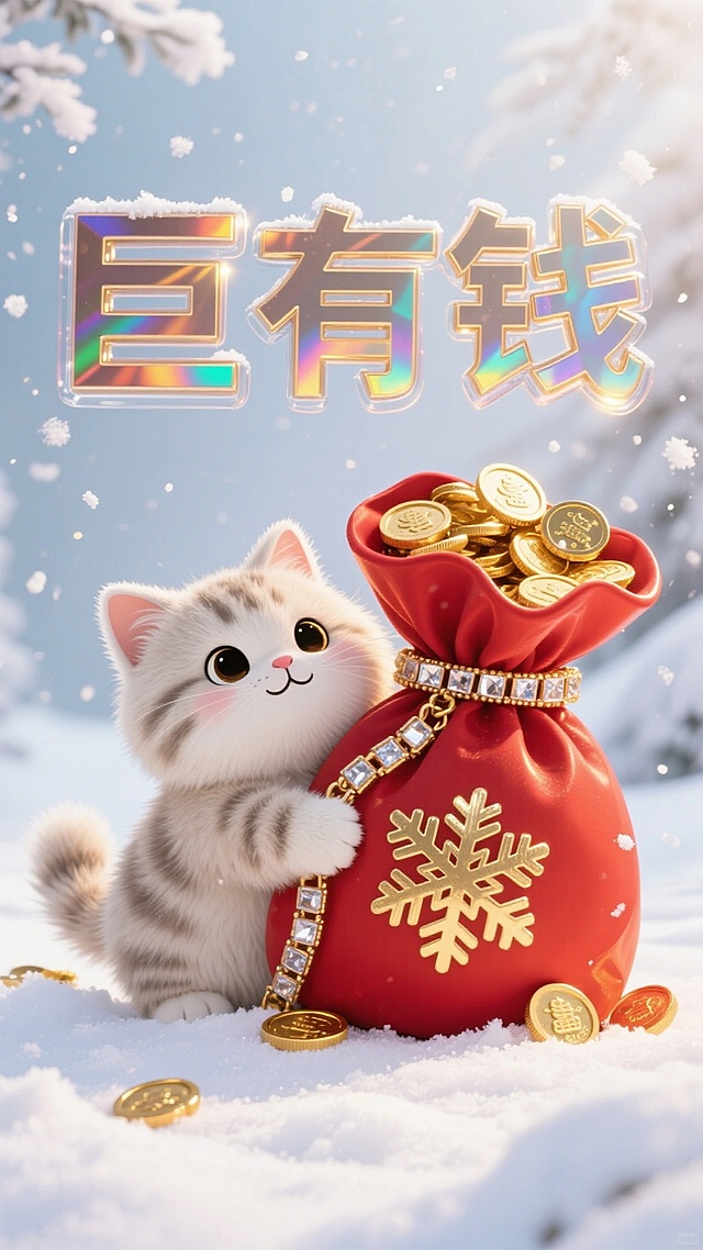软3D风可爱小猫抱满金币的红袋，鎏金雪花与霓虹文字“巨有钱”，雪景梦幻喜庆，重拟物质感尽显节日氛围。