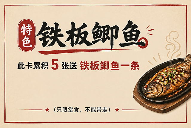 修改这张烧烤店名片背面，删除上面的圆圈数字1-5，保留所有其他文字和原有风格，文字内容为：特色铁板鲫鱼，此卡累积5张送铁板鲫鱼一条（只限堂食，不能带走），整体保持简约接地气风格，高清可打印。
