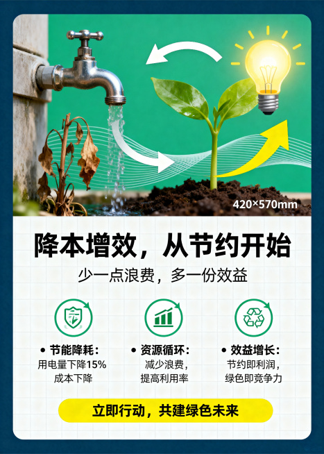 竖版企业降本增效宣传海报，尺寸420×570mm，风格现代扁平加轻质感，主色调翠绿、深蓝和白色，点缀明黄色。上半部分视觉区：左侧是枯萎植物和水龙头代表浪费，右侧是发芽绿叶加灯泡加上升箭头代表效益，中间预览效果