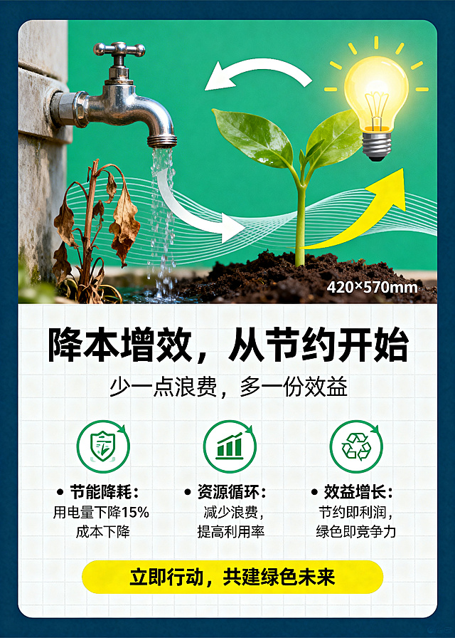 竖版企业降本增效宣传海报，尺寸420×570mm，风格现代扁平加轻质感，主色调翠绿、深蓝和白色，点缀明黄色。上半部分视觉区：左侧是枯萎植物和水龙头代表浪费，右侧是发芽绿叶加灯泡加上升箭头代表效益，中间用循环箭头连接，背景是淡雅波浪线条。下半部分信息区，大标题写"降本增效，从节约开始"，副标题"少一点浪费，多一份效益"。三个信息点配图标：节能降耗用电量下降15%成本下降，资源循环减少浪费提高利用率，效益增长节约即利润绿色即竞争力。底部行动号召"立即行动，共建绿色未来"。点缀用简洁线条网格，保持约30%留白，整体简洁清晰。文案用完整文字写出，色彩搭配符合要求。