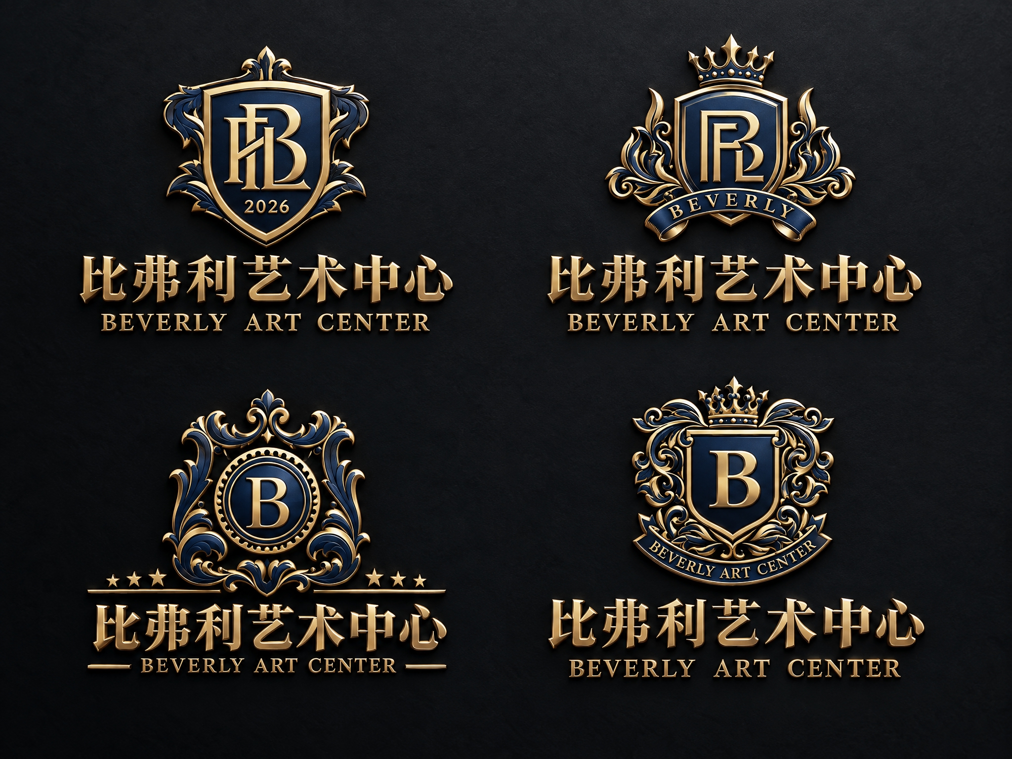将图中的四个盾牌徽章logo全部替换为深蓝色配金色的立体金属质… - 图片创意预览