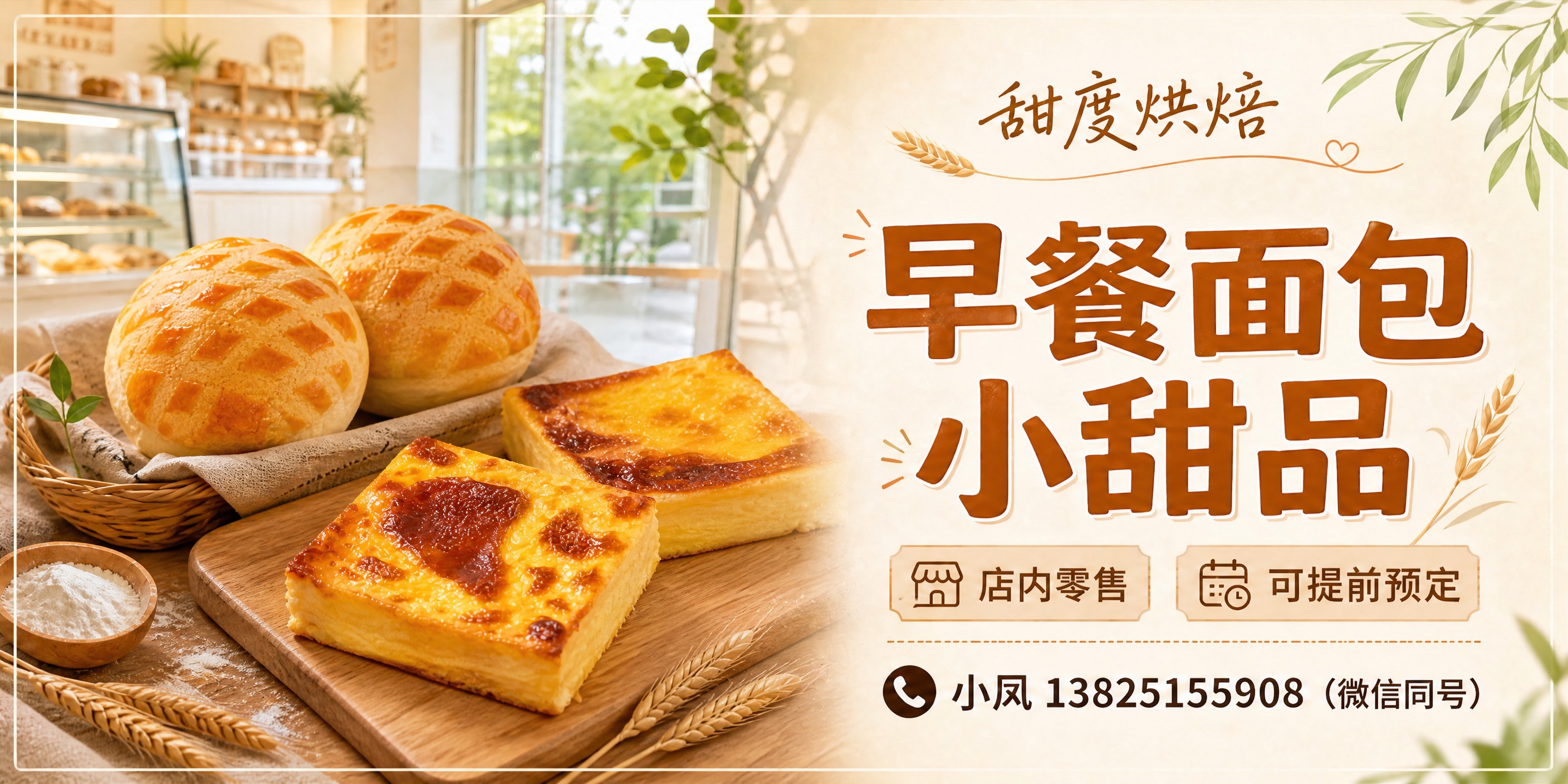 将图中蛋糕替换为图2的菠萝包和图3的岩烧芝士蛋糕，菠萝包放在左… - 图片创意预览