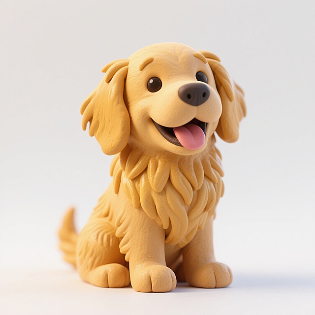 一只金毛犬，毛发呈金黄色，柔顺且富有光泽，坐在白色背景前，嘴巴微张，露出舌头，表情显得友好而温顺。