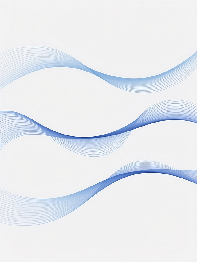 白色背景上，由三组水平排列的优雅曲线组成的抽象图案，每组曲线由多条纤细、流畅的线条构成，线条颜色从浅蓝到深蓝渐变，呈现出轻盈飘逸的视觉效果，整体风格简洁现代，具有柔和的动感和层次感，线条之间相互交织又保持着清晰的空间关系，营造出宁静而富有韵律的氛围。