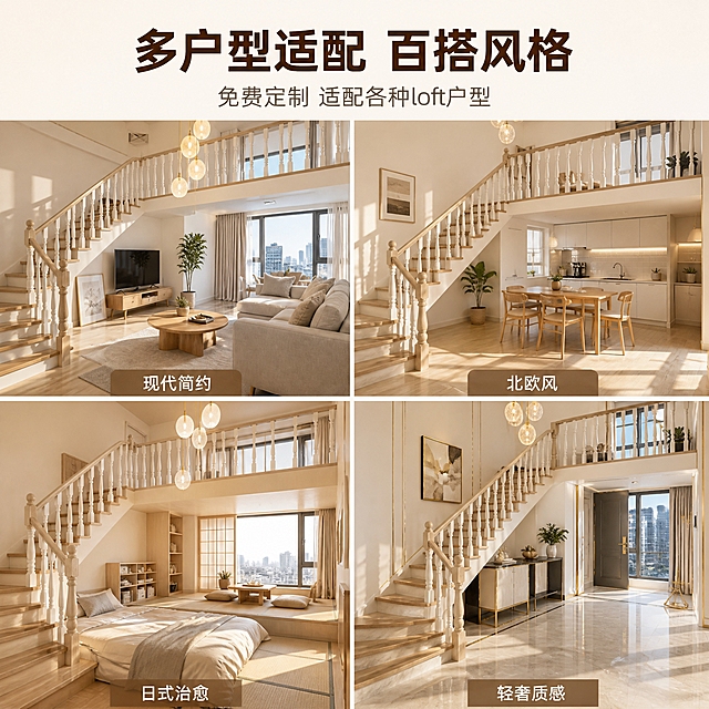 [主图-4] 主题：多场景空间适配展示，唯一任务是展示实木扶手楼梯在不同loft户型与装修风格中的百搭效果，帮助用户判断适配性。
[统一基调] 原木治愈风，整体暖调自然光，温馨居家生活感，高级材质透视，午后慵懒光斑；主色原木米白+浅灰+暖木色，标题字深胡桃木色，辅助字暖灰色，强调色原木暖棕；字体为简洁无衬线中文字体，字号层级分明，标题最大最粗，辅助文案缩小50%以上；满版无边框无底框。
[画面] 四宫格等宽拼图布局，展示同一款实木扶手楼梯在四种不同loft空间场景中的效果，每个格子内楼梯款式材质完全一致，仅空间风格不同。左上格：现代简约风loft客厅旁楼梯，搭配浅灰沙发与原木茶几；右上格：北欧风loft餐厨区旁楼梯，搭配白色橱柜与木质餐桌；左下格：日式治愈风loft卧室旁楼梯，搭配榻榻米与原木收纳柜；右下格：轻奢风loft玄关旁楼梯，搭配金属线条装饰与艺术挂画。每格底部直接贴短标签标注风格名称，如「现代简约」「北欧风」「日式治愈」「轻奢质感」。画面顶部居中放置主标题与副标题。
[光影质感] 商业摄影质感，每格场景均为暖调自然光，光影统一柔和，楼梯在每个场景中都自然融入，无悬浮感，木纹质感一致。
[配色] 整体暖木色+米白+浅灰为主，四格场景各有风格点缀色但整体协调，标题深胡桃木色，标签文字白色配半透明深木色底。
[文字版式] 顶部居中主标题「多户型适配 百搭风格」大字号深胡桃木色；副标题「免费定制 适配各种loft户型」暖灰色小字号；四宫格每格底部居中贴短标签，文字简洁清晰，不遮挡楼梯主体。
[输出要求] 比例1:1，四宫格对齐整齐，文字清晰，产品在各场景中自然融合，无变形，无错字，无模糊，无水印，无平台Logo。