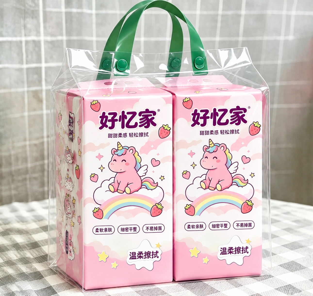将透明手提袋中两提悬挂式卫生纸的包装图案全部替换为第一张参考图… - 图片创意预览