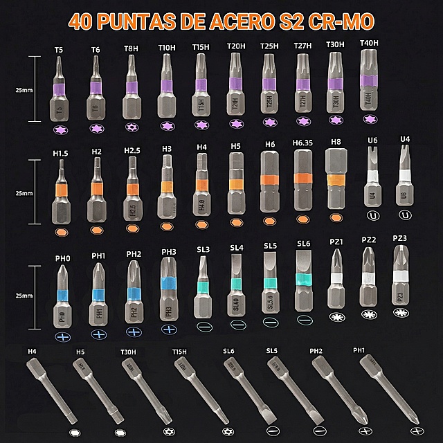 将图片中的英文替换为西班牙语：
40PS S2 CR-MO STEEL BITS → 40 PUNTAS DE ACERO S2 CR-MO
T5、T6、T8H、T10H、T15H、T20H、T25H、T27H、T30H、T40H、H1.5、H2、H2.5、H3、H4、H5、H6、H6.35、H8、U6、U4、PH0、PH1、PH2、PH3、SL3、SL4、SL5、SL6、PZ1、PZ2、PZ3 保留